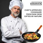 Small Yosukata 13,5-inch (34cm) Pre-Seasoned Black Carbon Steel Wok with Flat Bottom