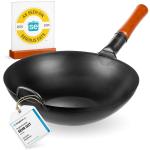 Small Yosukata 13,5-inch (34cm) Pre-Seasoned Black Carbon Steel Wok with Flat Bottom