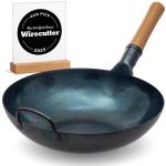 Small Yosukata 13,5-inch (34cm) Pre-Seasoned Blue Carbon Steel Wok with Flat Bottom