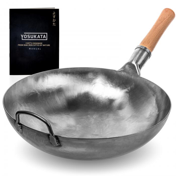 Yosukata 14-inch (36cm) Not Seasoned Blue Carbon Steel Wok with Round Bottom
