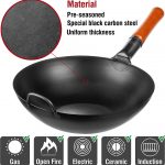 Small Yosukata 13,5-inch (34cm) Pre-Seasoned Black Carbon Steel Wok with Flat Bottom