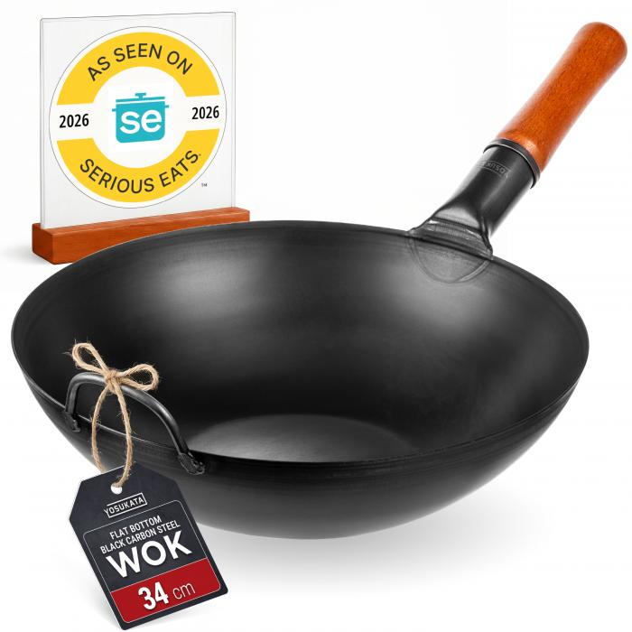 Yosukata 13,5-inch (34cm) Pre-Seasoned Black Carbon Steel Wok with Flat Bottom